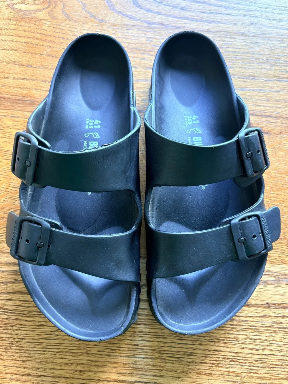Birkenstock Arizona EVA Black Two-Strap Sandals with Buckles- mens 8, ladies 10.